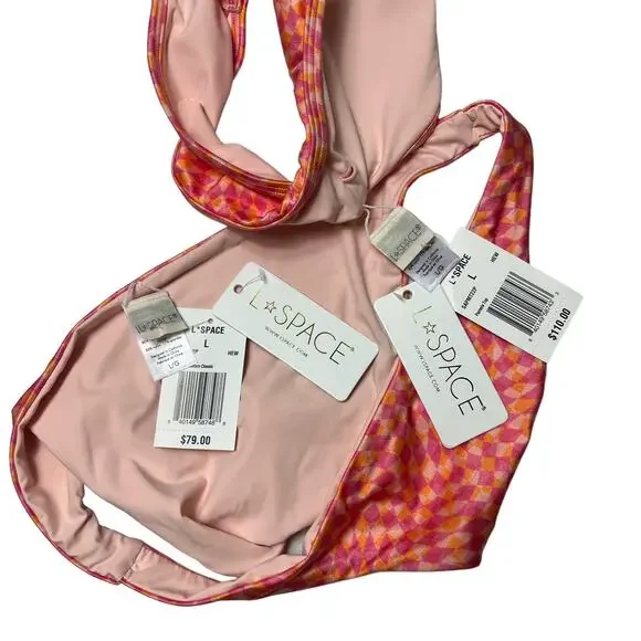 L*SPACE Pamela Top Tommy Bottom Bitsy Bikini Set Heat Waves Pink Abstract Lg NEW - Picture 7 of 8